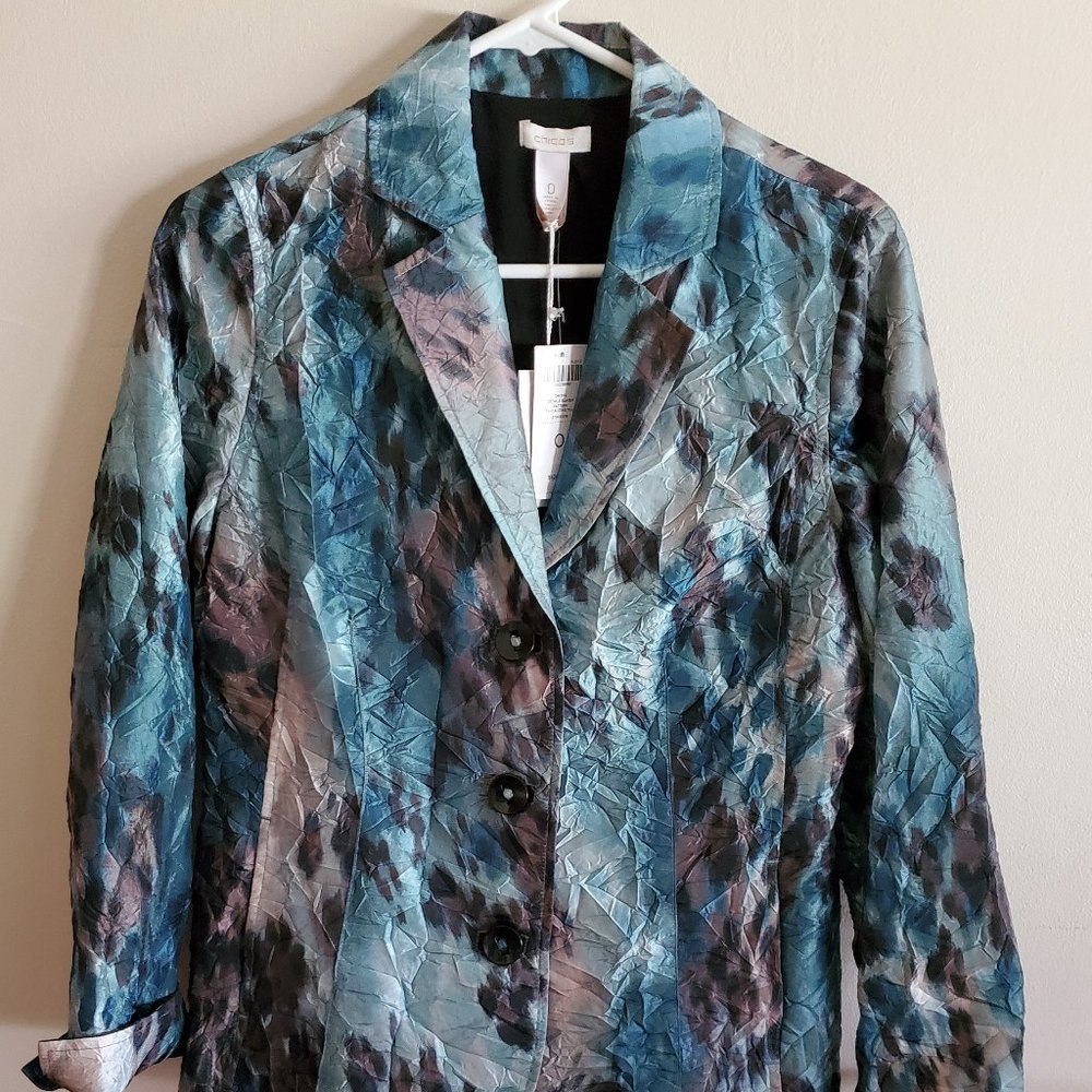 Chico's Women's Crinkle Crush Teal Blazer Travel Jacket Animal Print NWT Size 0